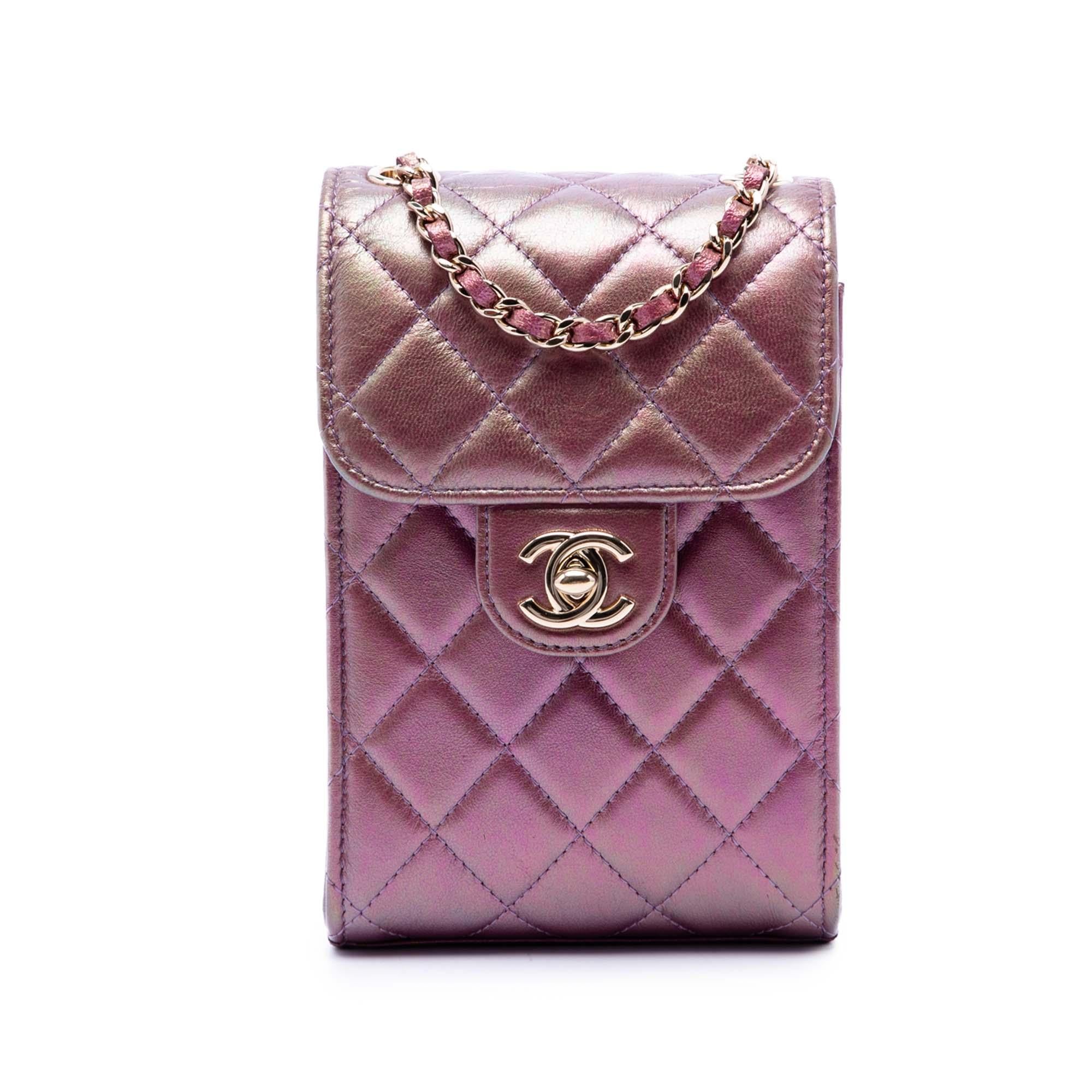 Chanel CC Quilted Iridescent Lambskin Phone Holder with Chain