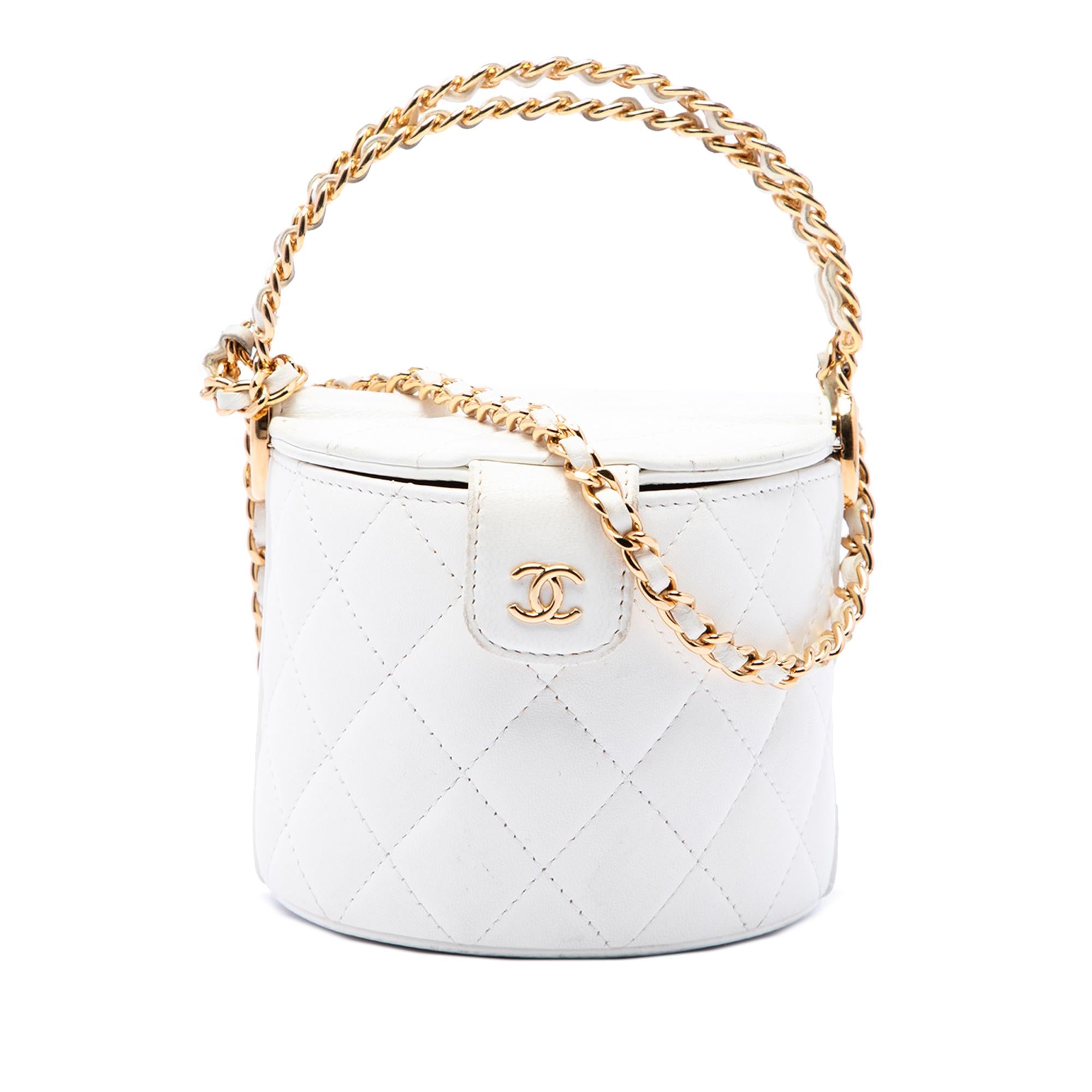 Chanel CC Quilted Lambskin Top Handle Round Vanity Case with Chain