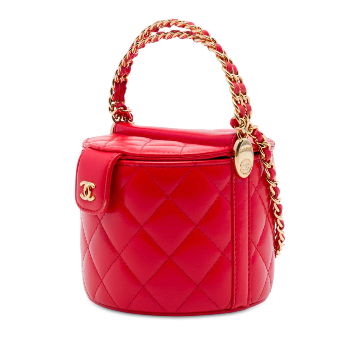 Chanel CC Quilted Lambskin Top Handle Round Vanity Case with Chain