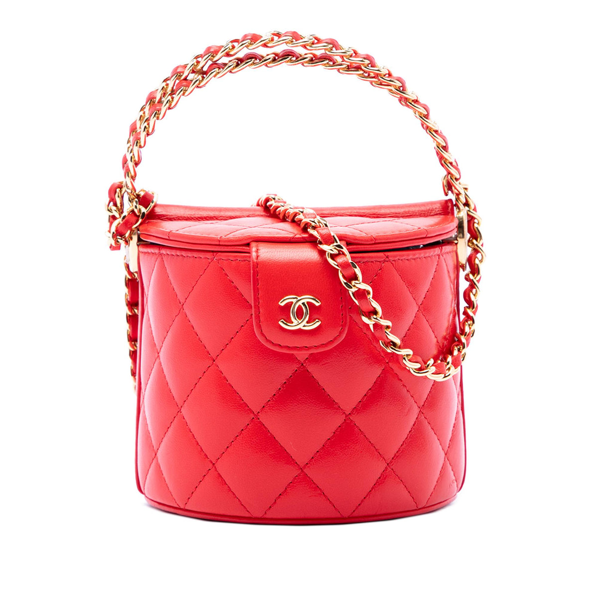 Chanel CC Quilted Lambskin Top Handle Round Vanity Case with Chain