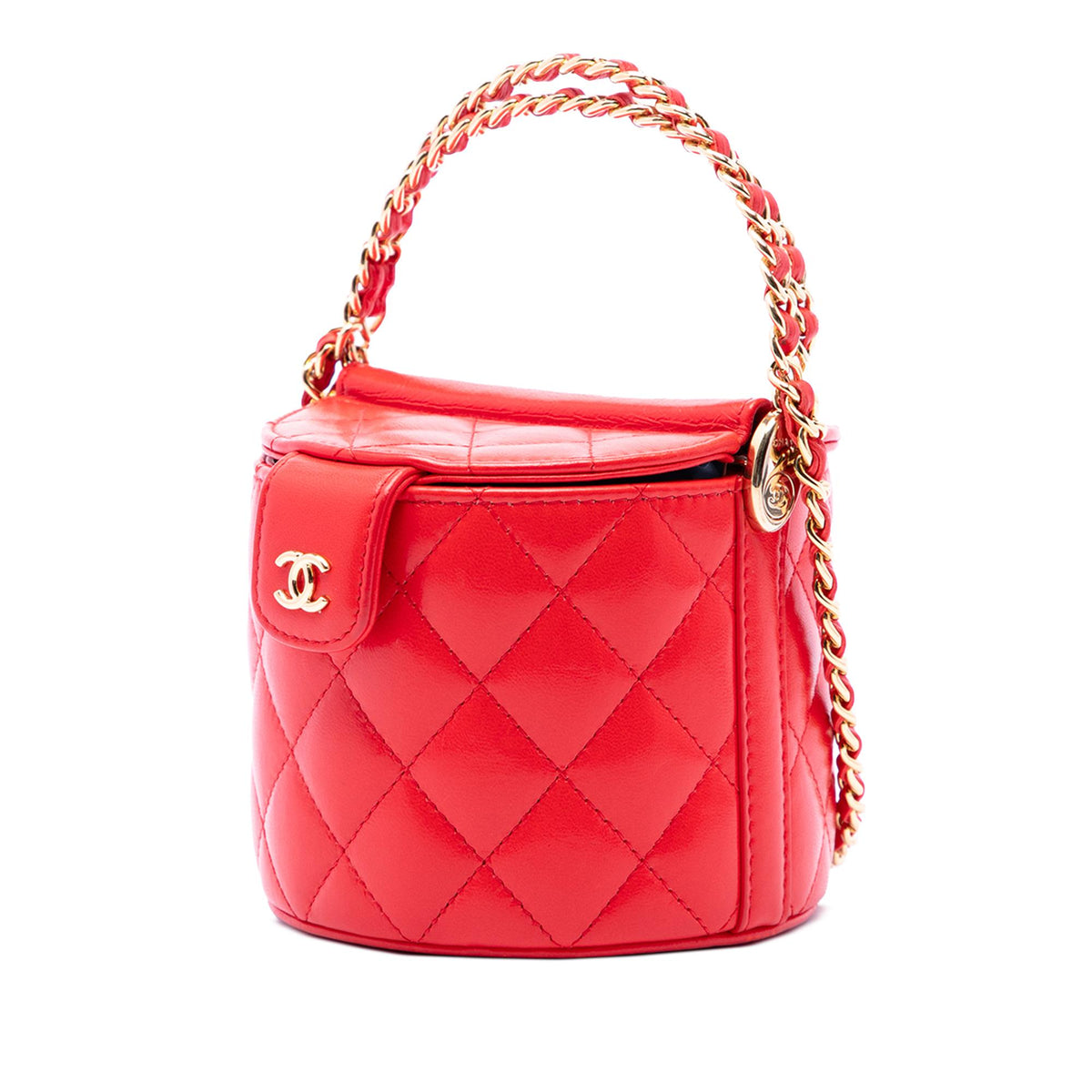 Chanel CC Quilted Lambskin Top Handle Round Vanity Case with Chain