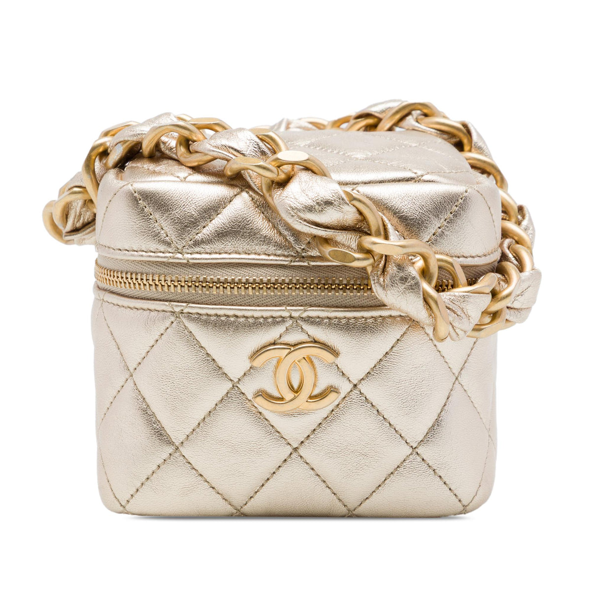 Chanel CC Quilted Metallic Lambskin Cube Zip Clutch with Chain