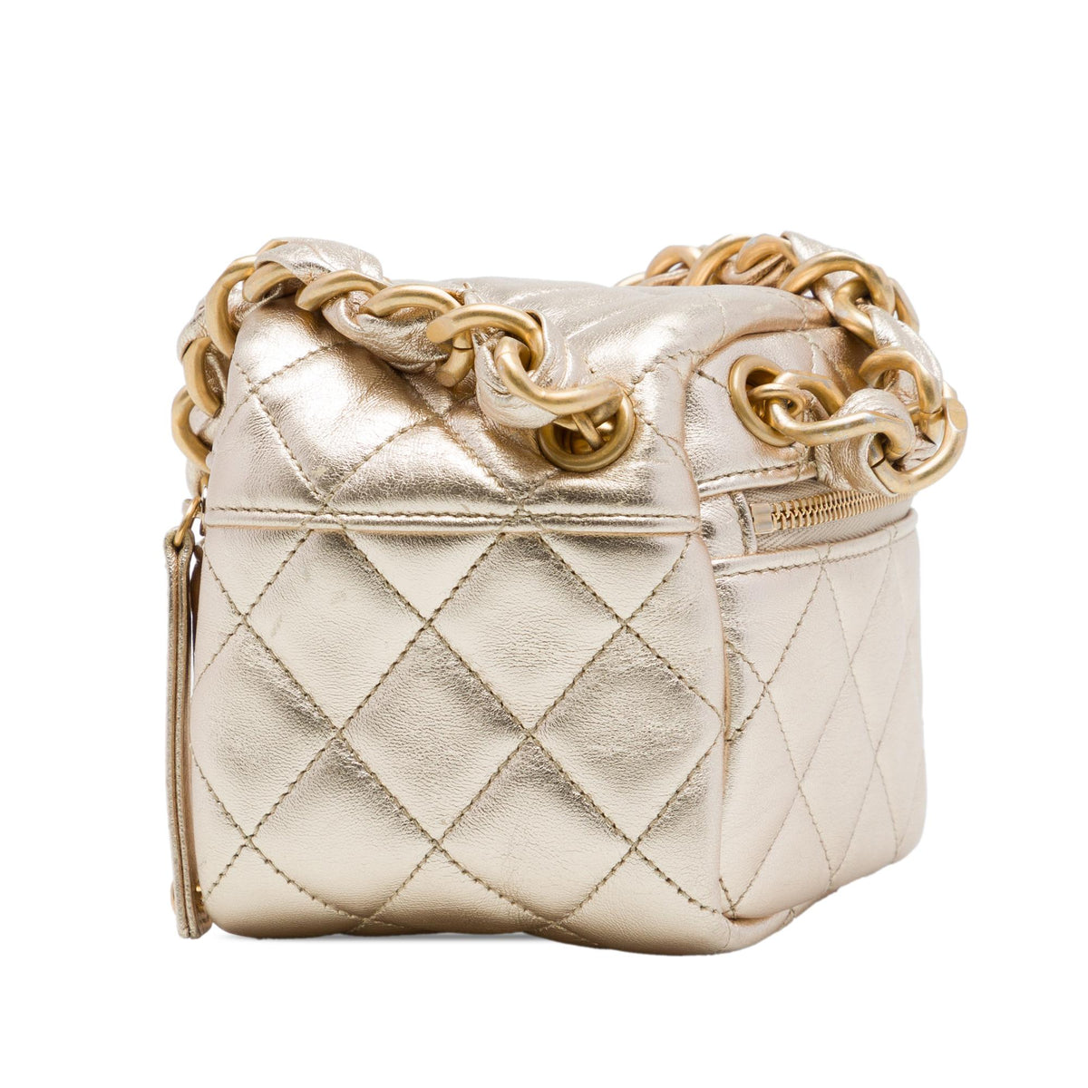 Chanel CC Quilted Metallic Lambskin Cube Zip Clutch with Chain
