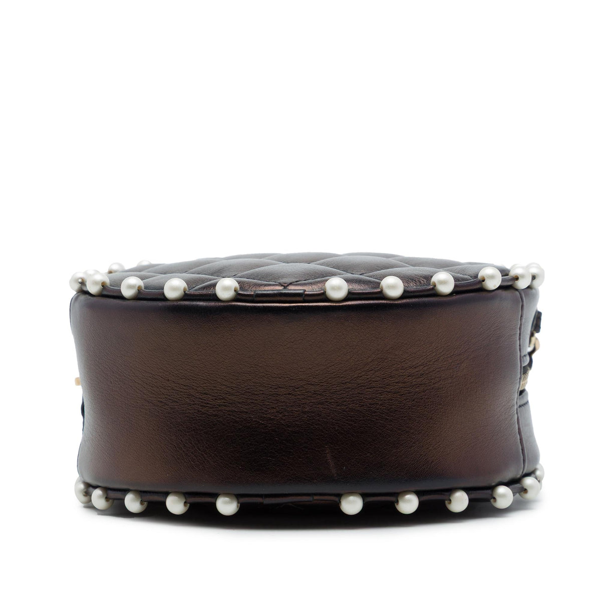 Chanel CC Quilted Metallic Lambskin Pearl Studded Round Clutch with Chain