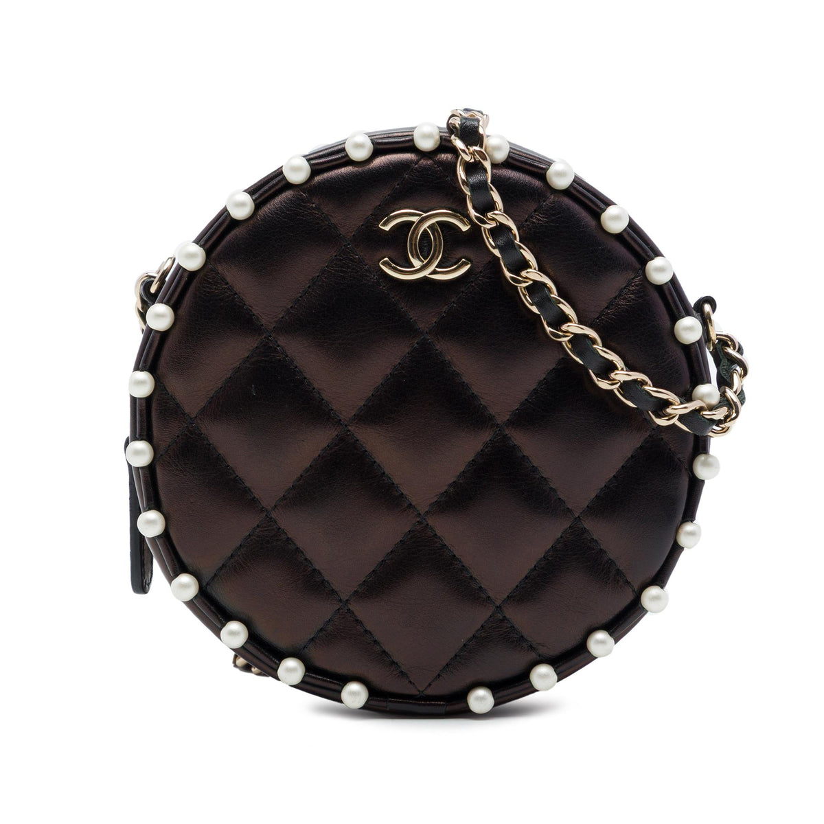 Chanel CC Quilted Metallic Lambskin Pearl Studded Round Clutch with Chain