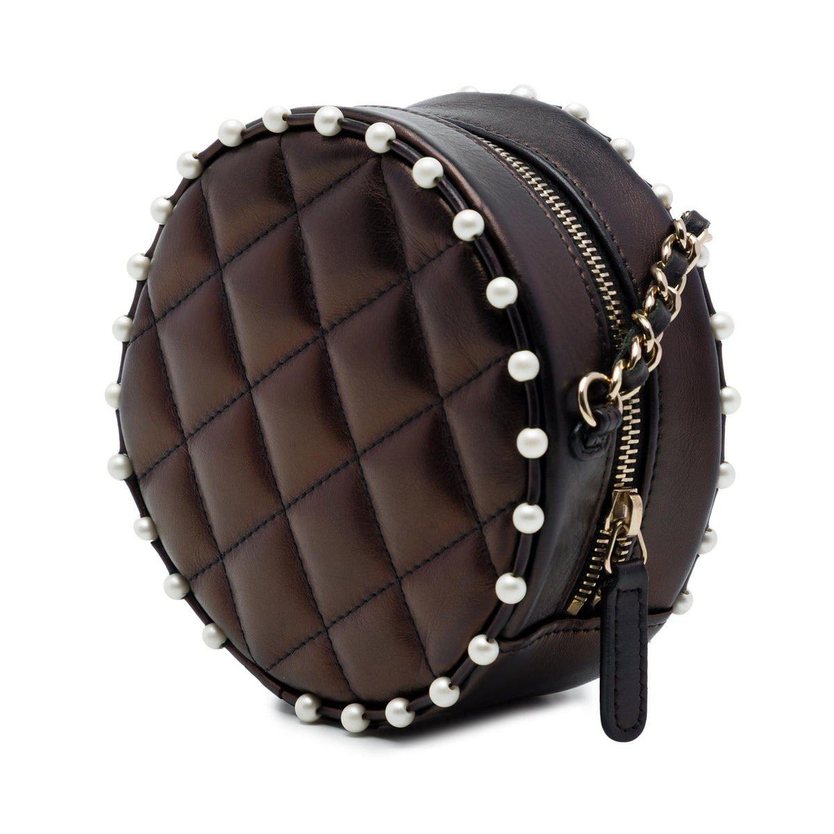 Chanel CC Quilted Metallic Lambskin Pearl Studded Round Clutch with Chain