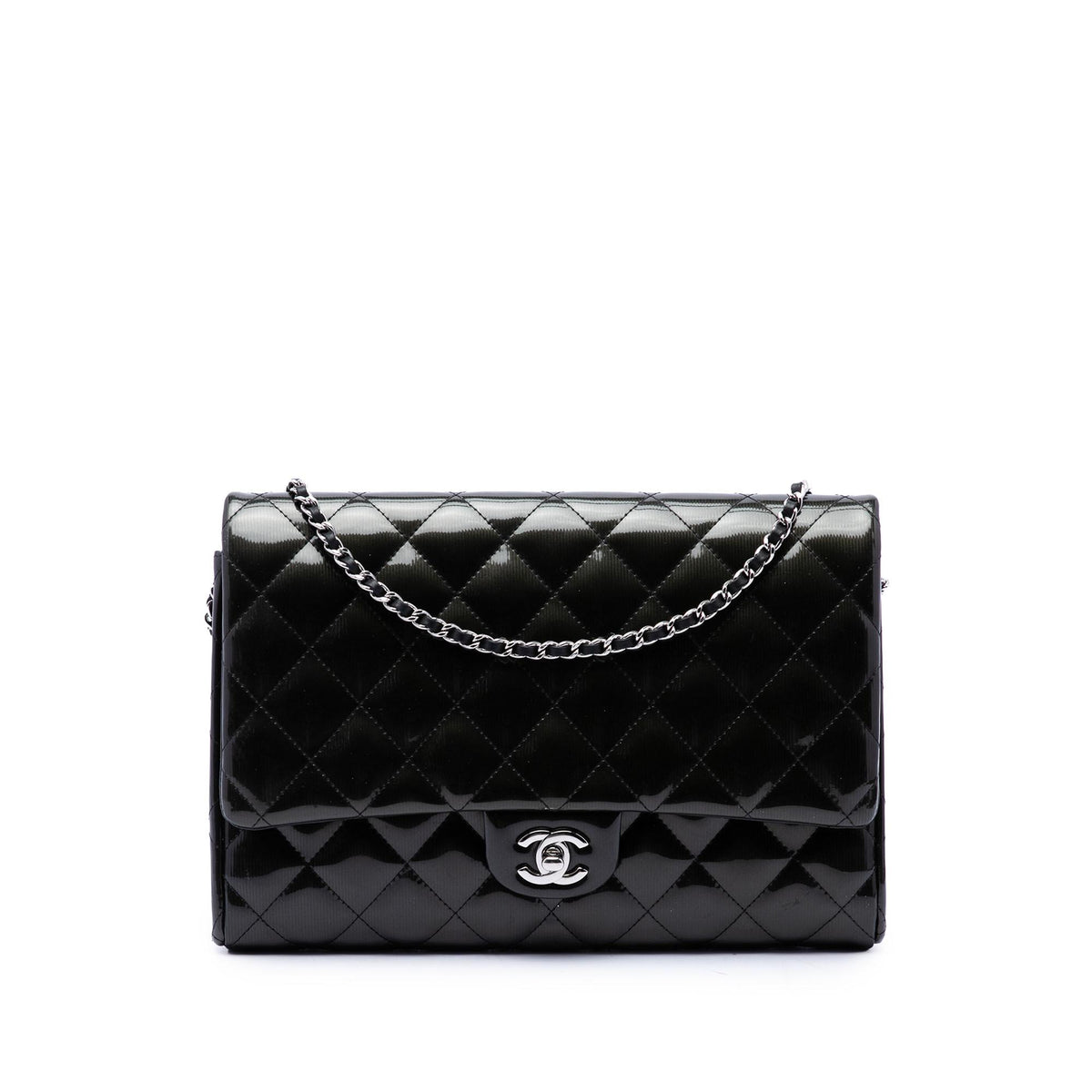 Chanel CC Quilted Patent Striated Flap Clutch with Chain