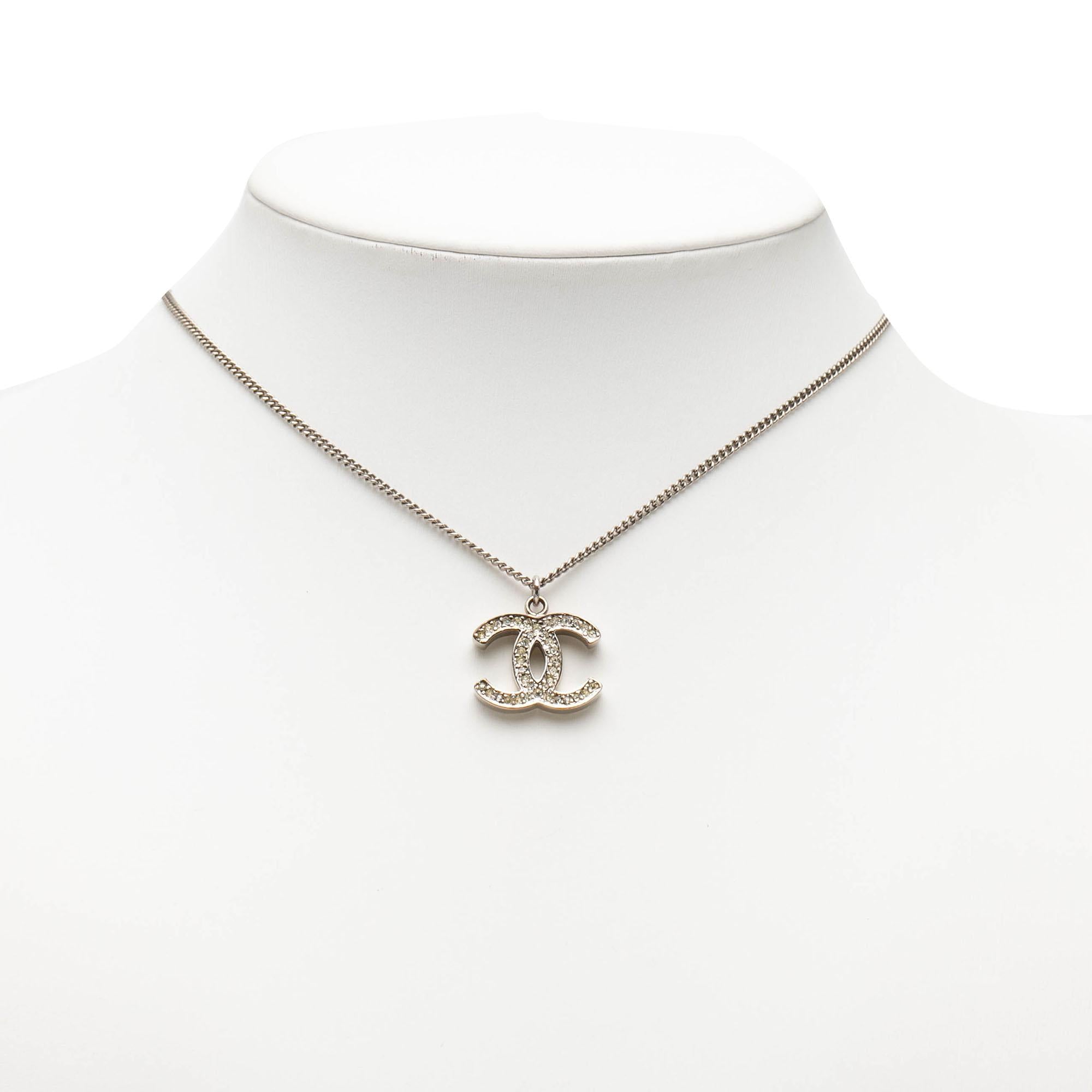 Chanel CC Silver Plated Rhinestone Pendant Necklace