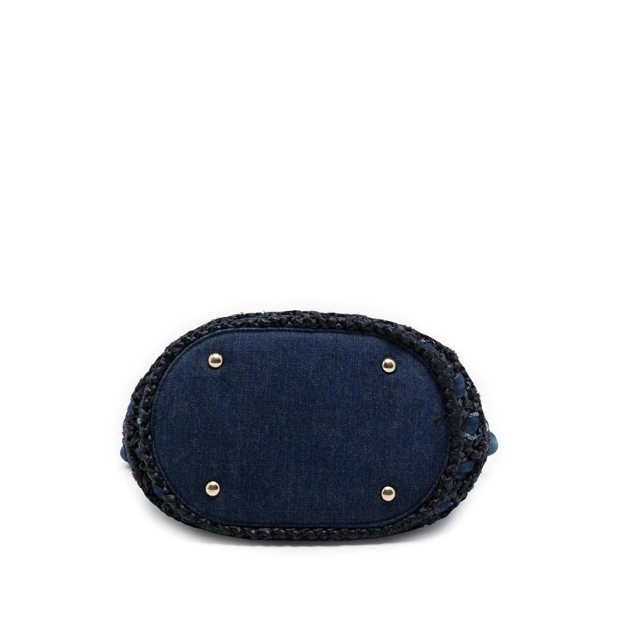 Chanel CC Woven Denim and Raffia Drawstring Bucket Bag