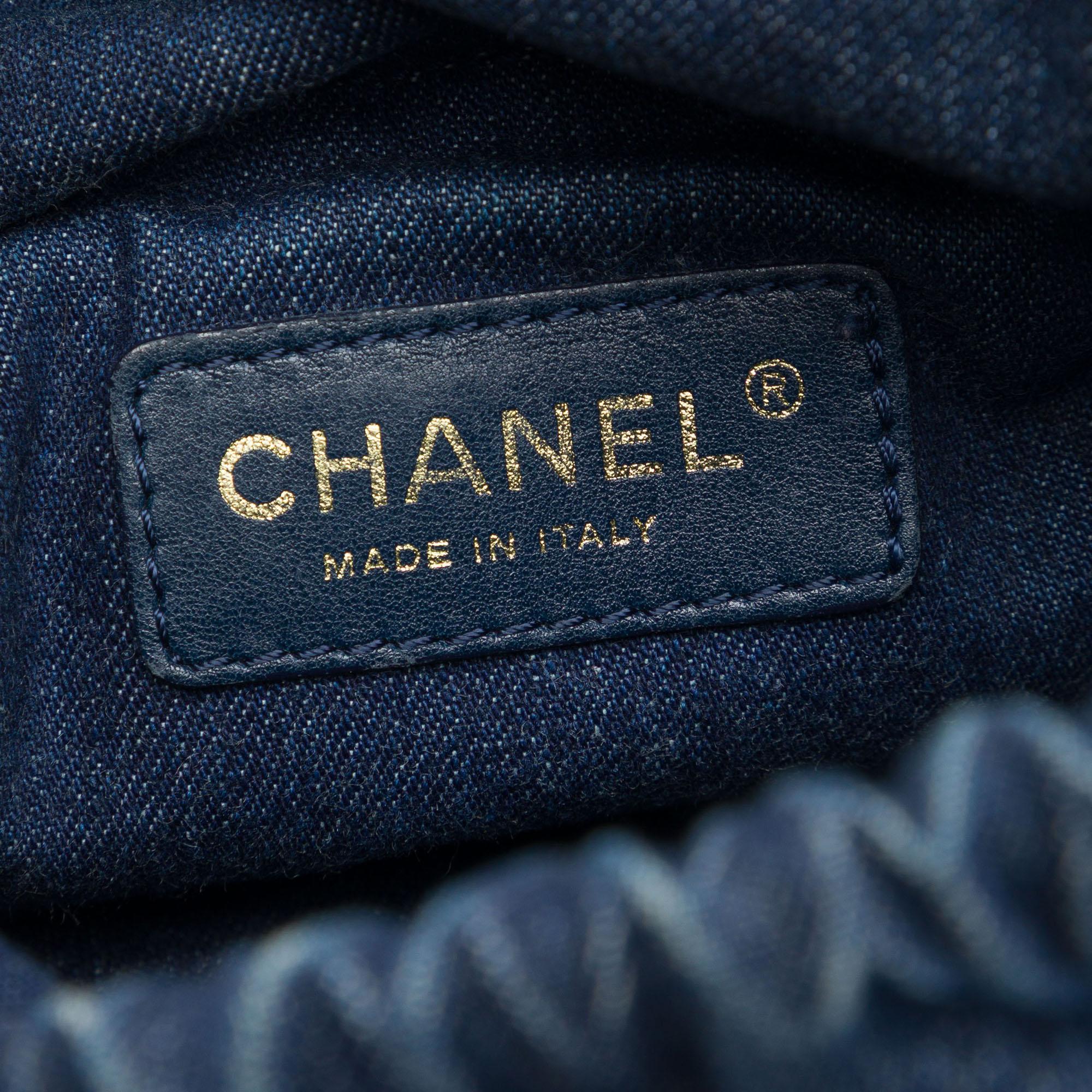 Chanel CC Woven Denim and Raffia Drawstring Bucket Bag