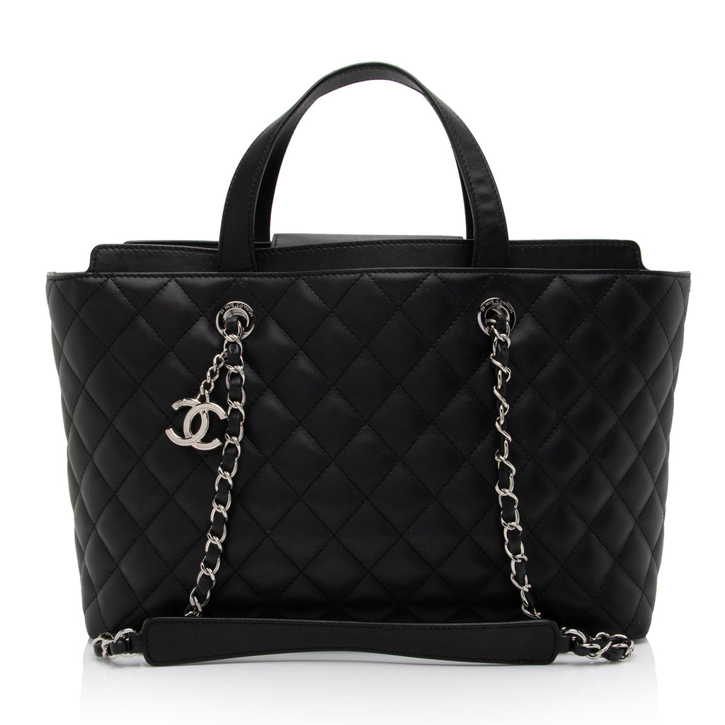 Chanel Black Glazed Calfskin Leather Quilted Duo Color Front Flap XL Tote