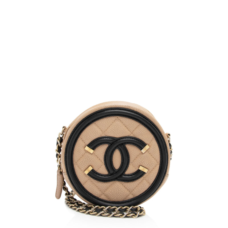 Chanel Caviar Leather CC Filigree Round Clutch with Chain (SHF-eQCfuj)