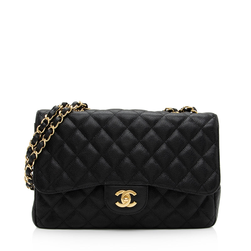 CHANEL LIGHT GRAY CAVIAR JUMBO CLASSIC DOUBLE FLAP BAG