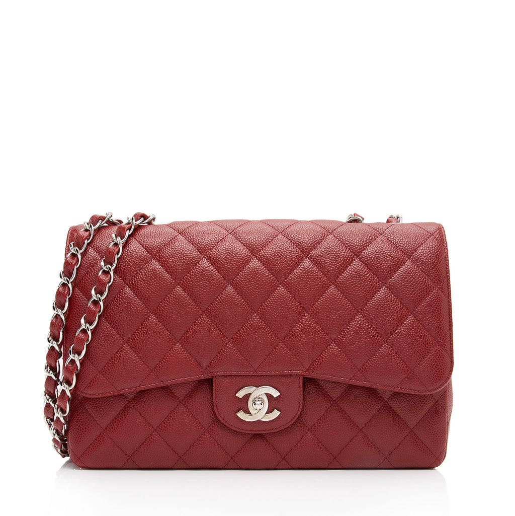 CHANEL Classic Single Flap Jumbo Bag Red Caviar with Silver Hardware 2009