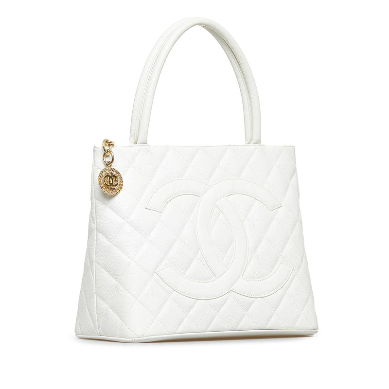 Chanel Medallion Quilted Caviar Leather Tote Bag White