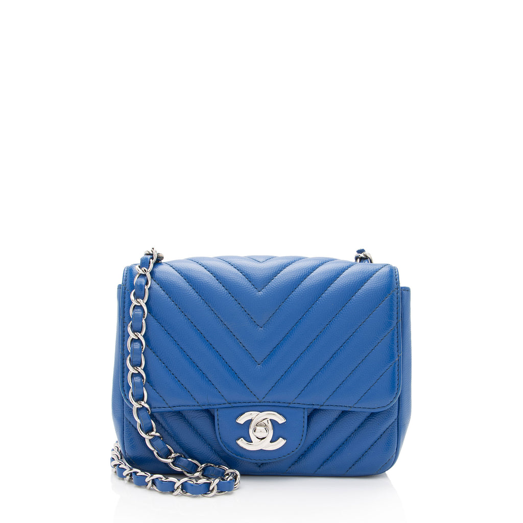 Chanel Silver Chevron Quilted Metallic Caviar Square Mini Flap Bag