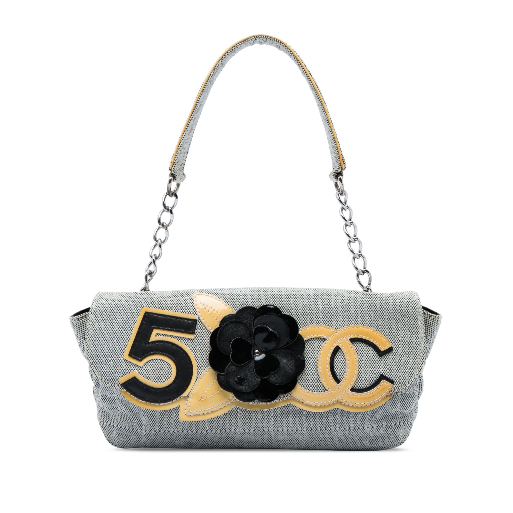 Chanel Choco Bar Canvas Camellia CC No. 5 Flap Handbag