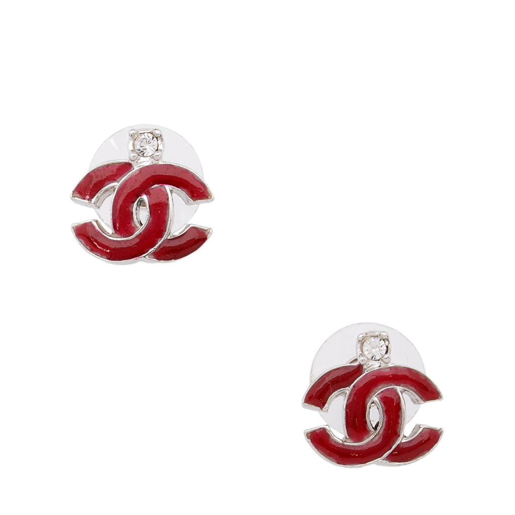 CHANEL+Silver+CC+Mini+Crystal+Stud+Earrings+Timeless+Classic+