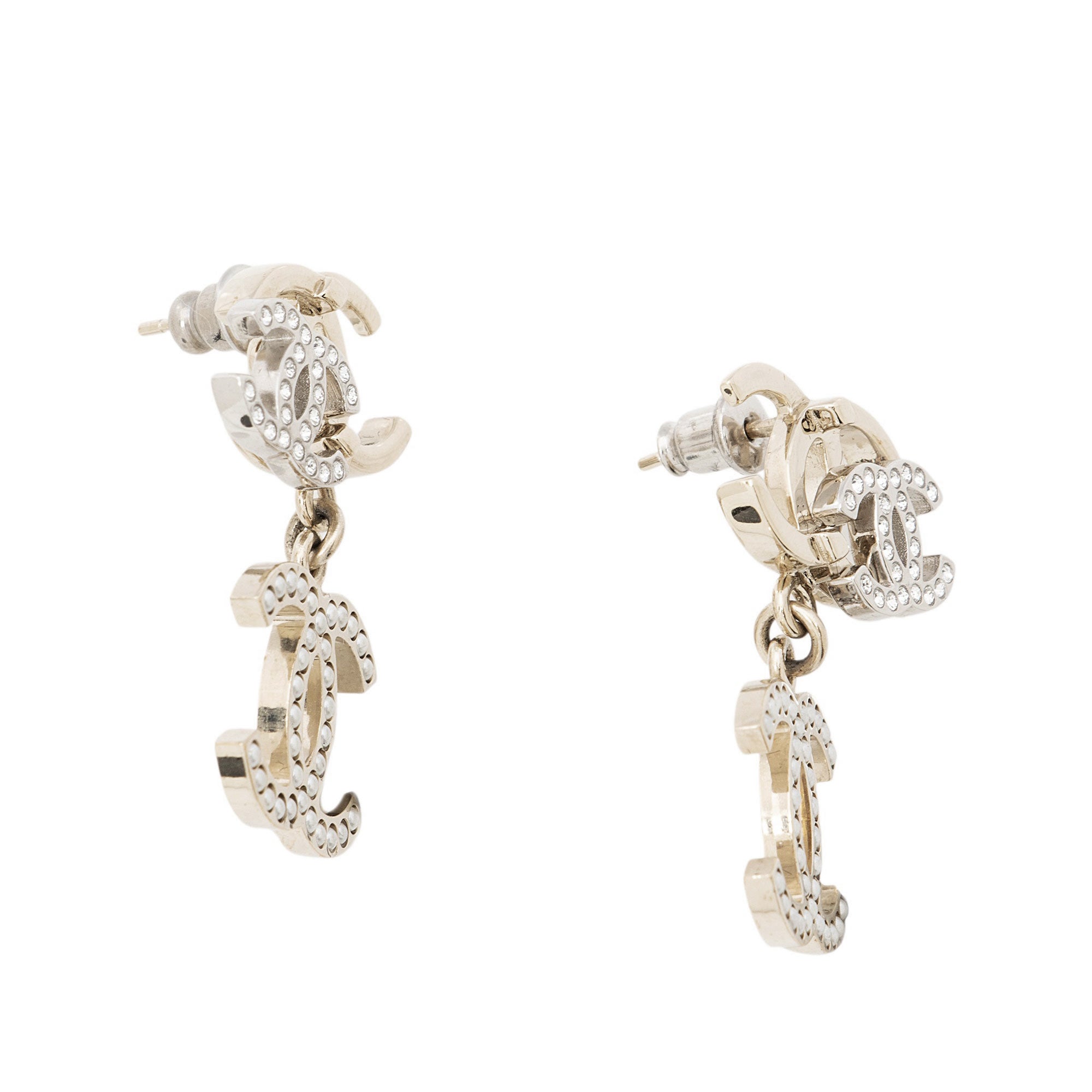 Chanel Faux Pearl Crystal Triple CC Drop Earrings