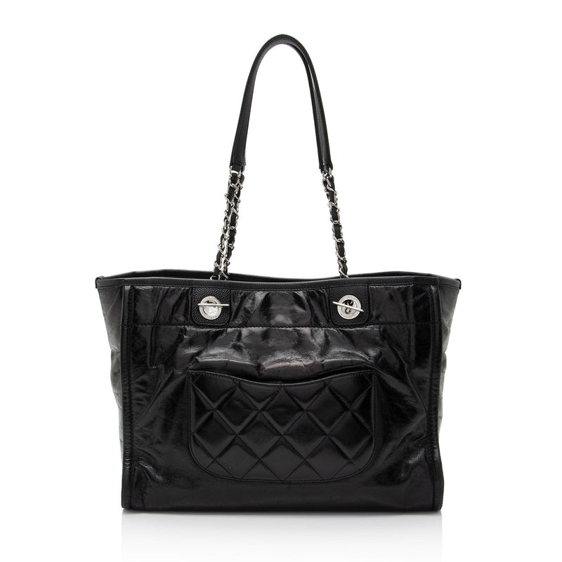 Large Calfskin Cambon Ligne Diamond Quilted Tote Bag in Black with