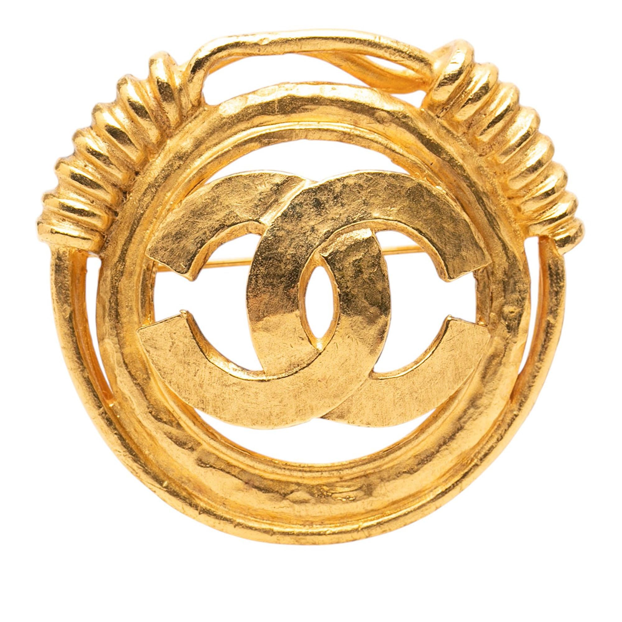 Chanel Gold Plated CC Spring Round Brooch