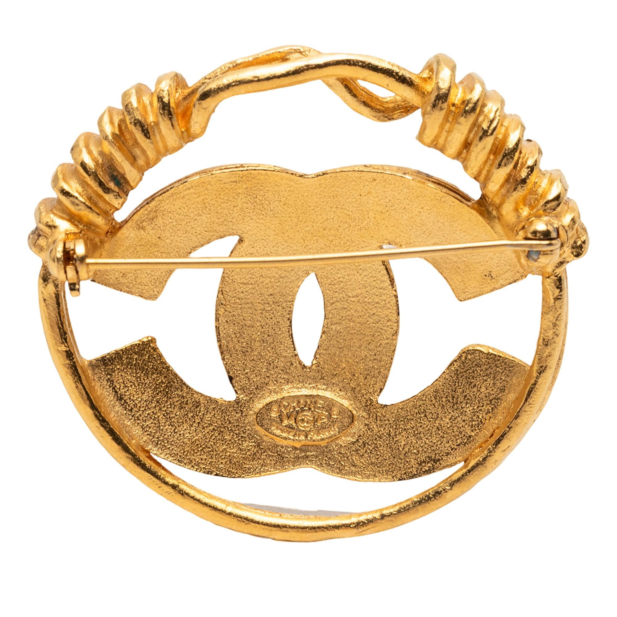 Chanel Gold Plated CC Spring Round Brooch