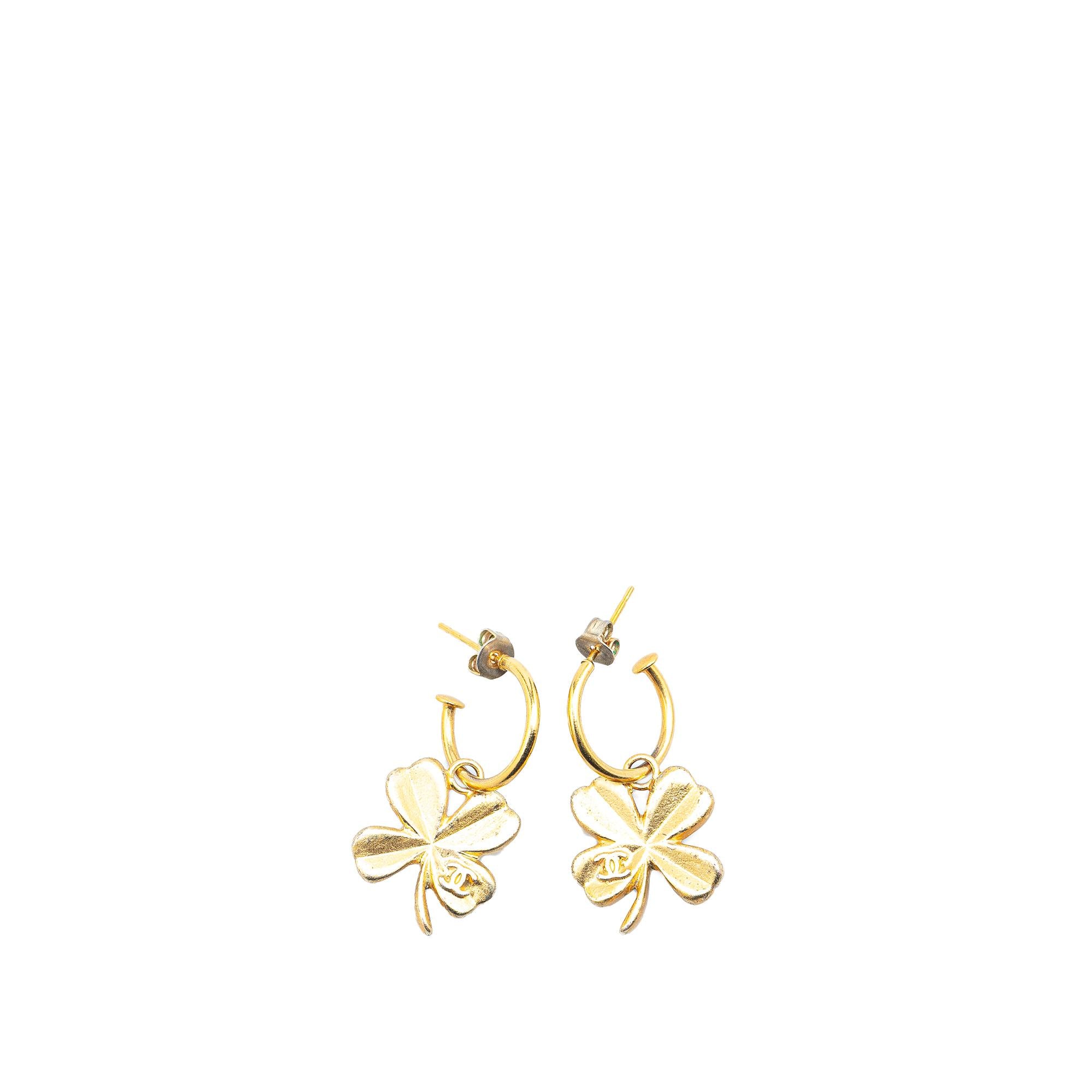 Chanel Gold Plated Clover Hoop Push Back Earrings