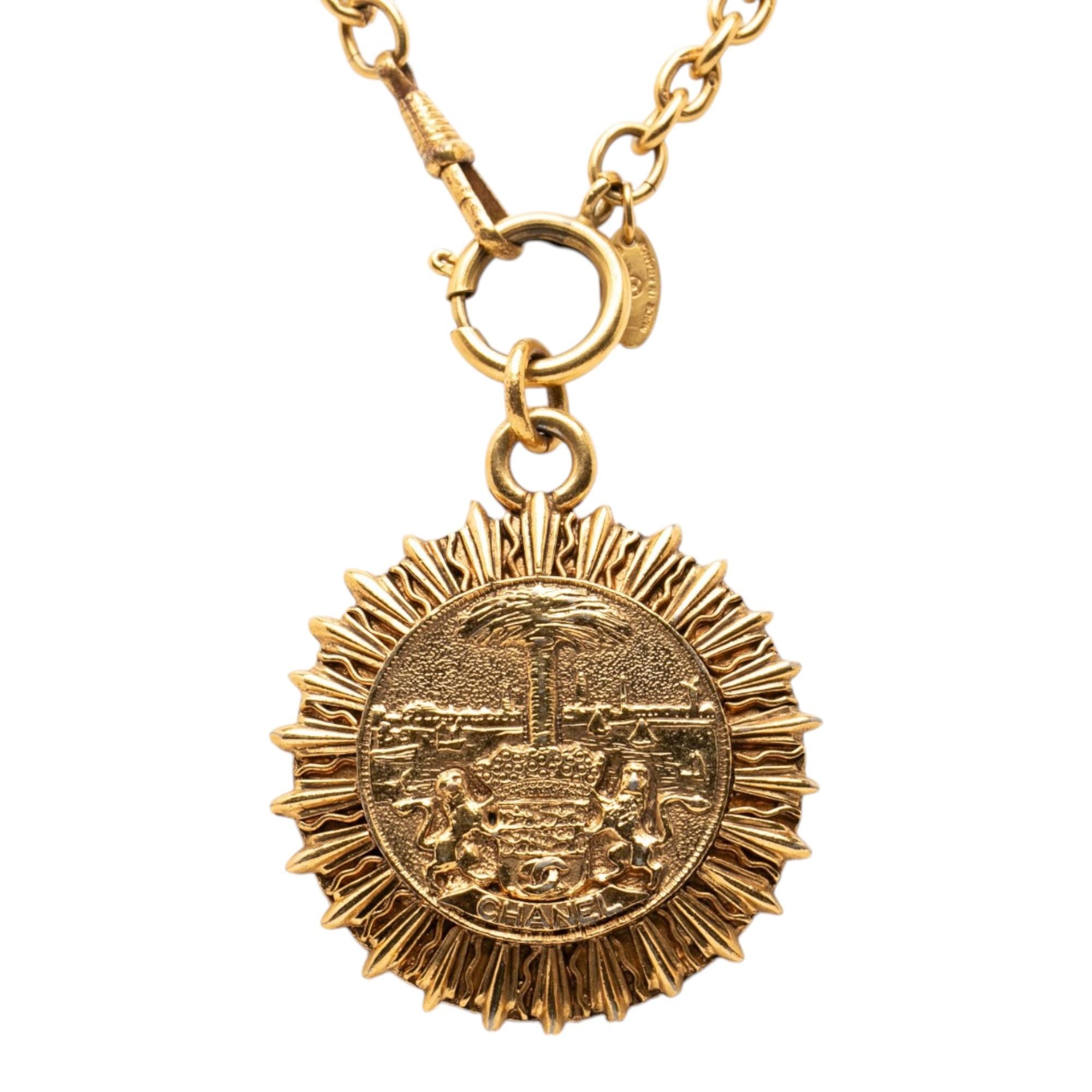 Chanel Gold Plated Medallion Coat of Arms Sunburst Pendant Necklace