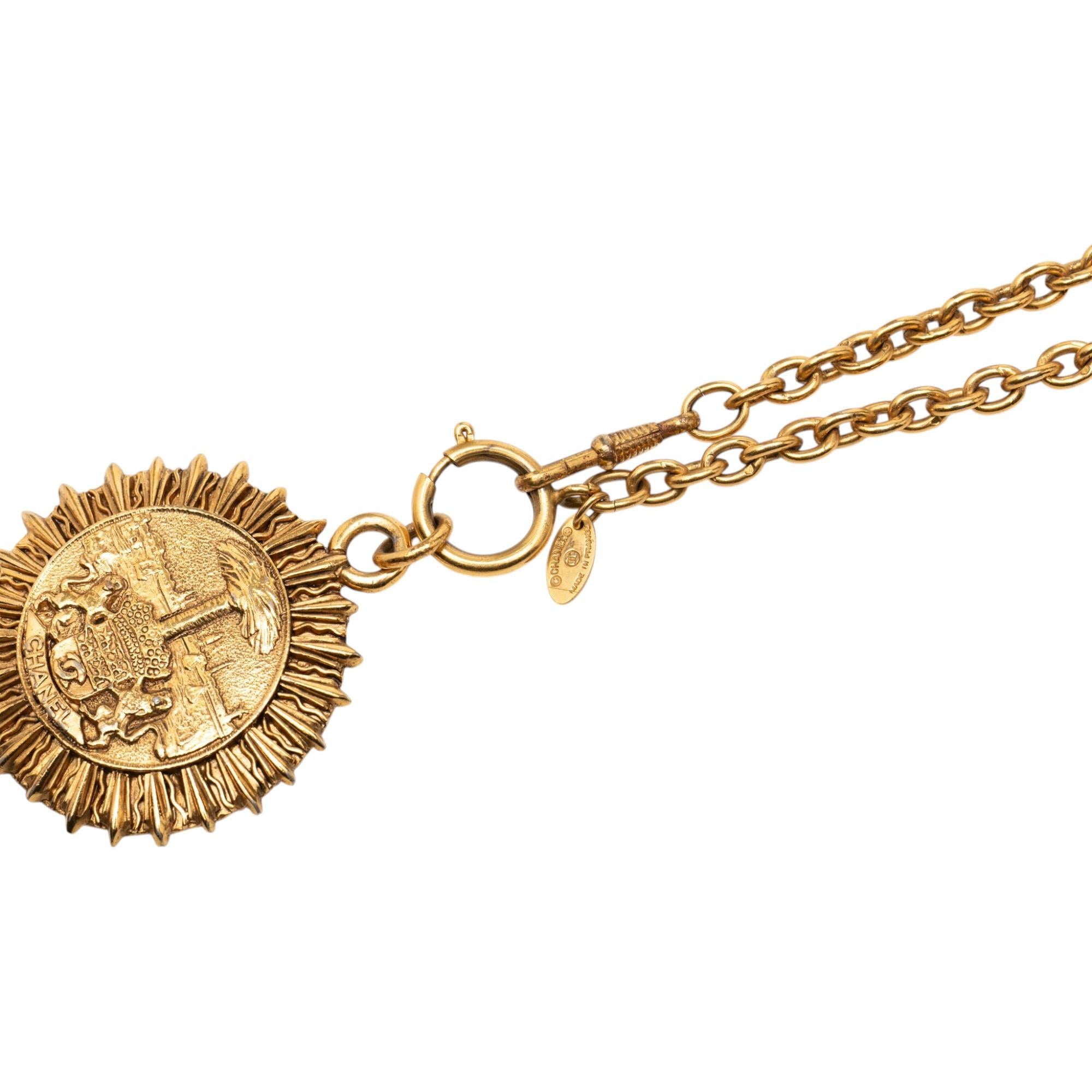 Chanel Gold Plated Medallion Coat of Arms Sunburst Pendant Necklace