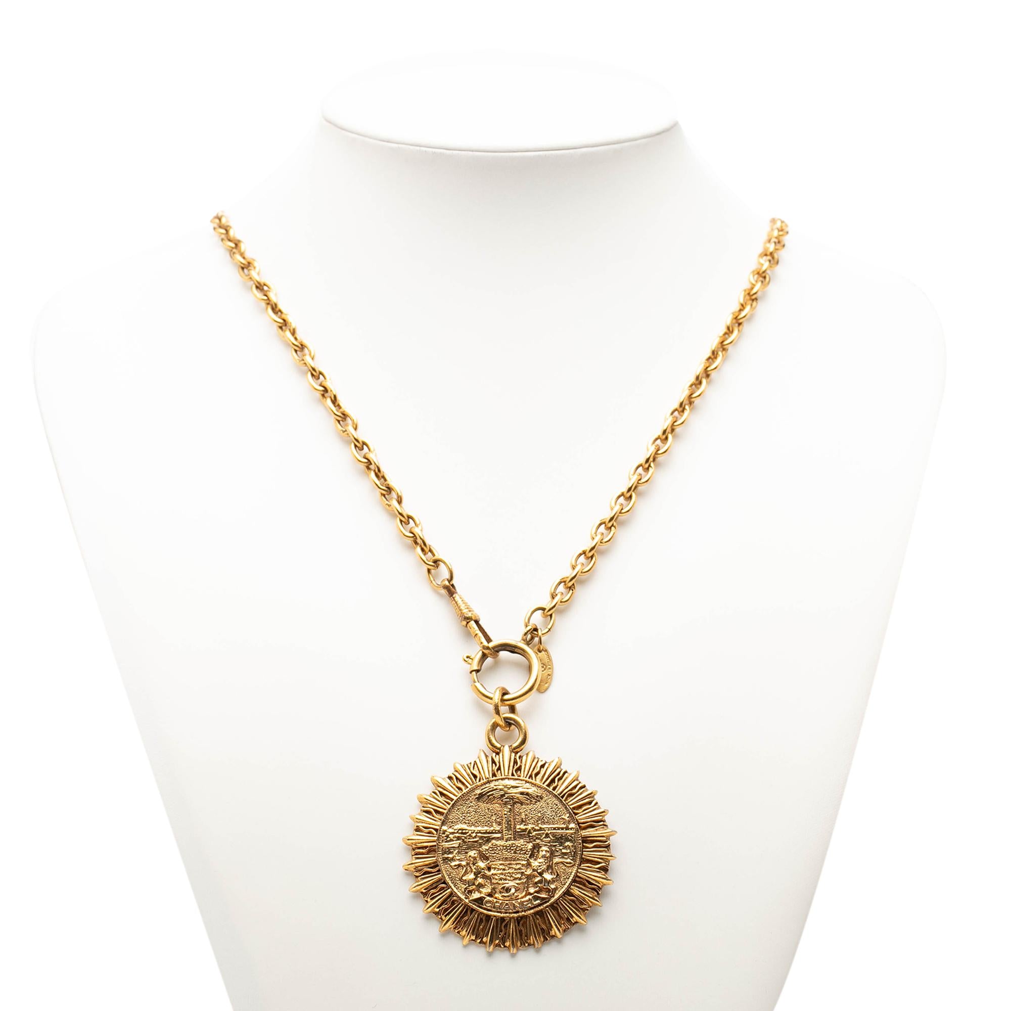 Chanel Gold Plated Medallion Coat of Arms Sunburst Pendant Necklace