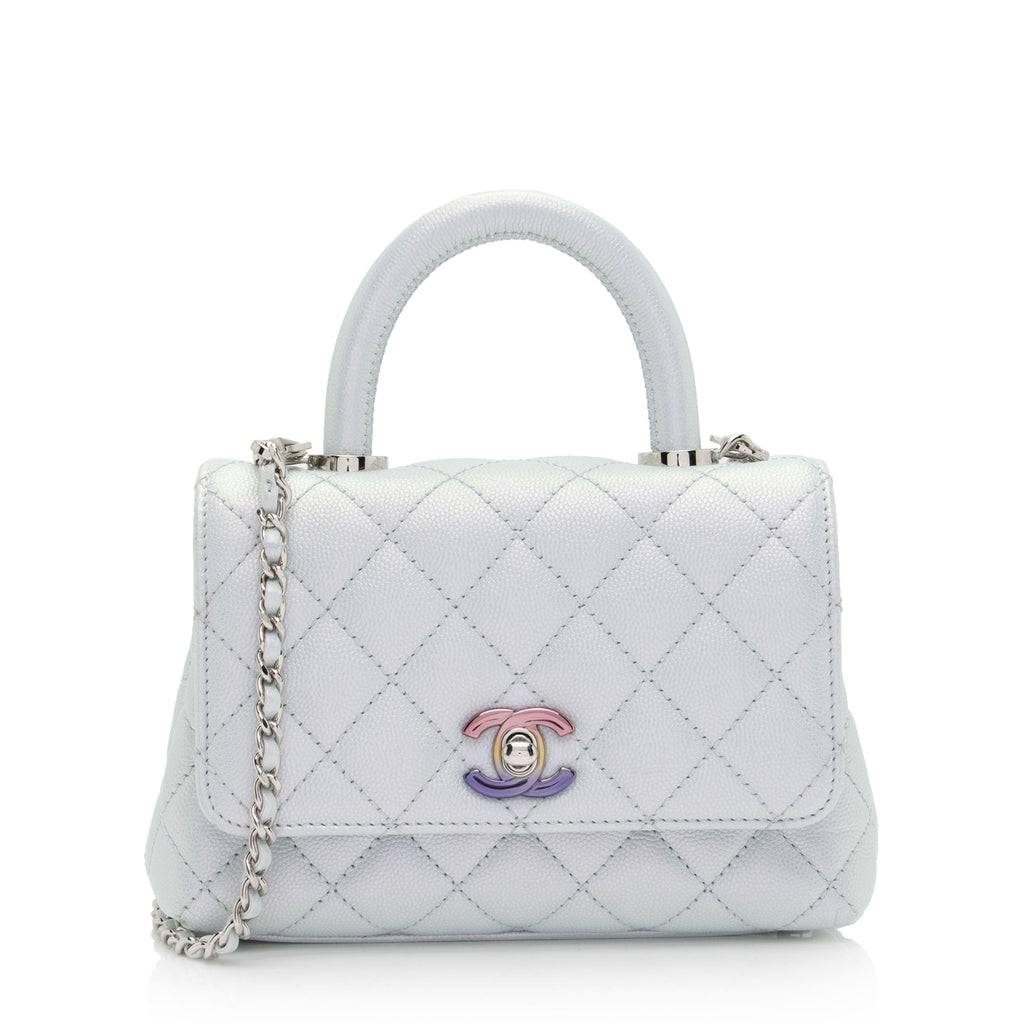 CHANEL Mini Top Handle Flap Caviar Leather Crossbody Bag White