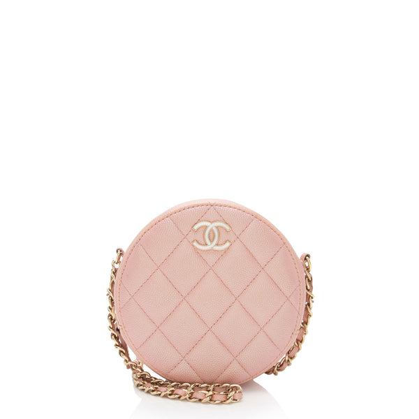 Chanel Iridescent Caviar Leather Mother of Pearl CC Round Clutch with Chain (SHF-YKChQe)