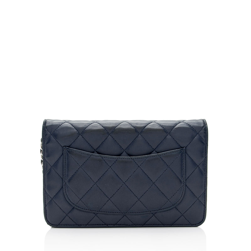 Pre-owned Chanel Blue Chevron Lambskin Square Wallet On Chain (woc)