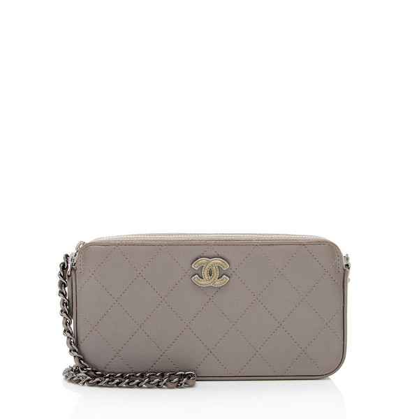 Chanel Double Zip Clutch with Pearl Chain Quilted Lambskin at