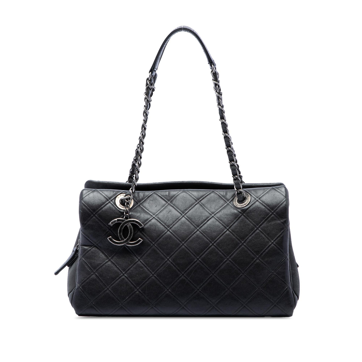 Chanel Large CC Diamond Embossed Calfskin Zip Shopping Tote