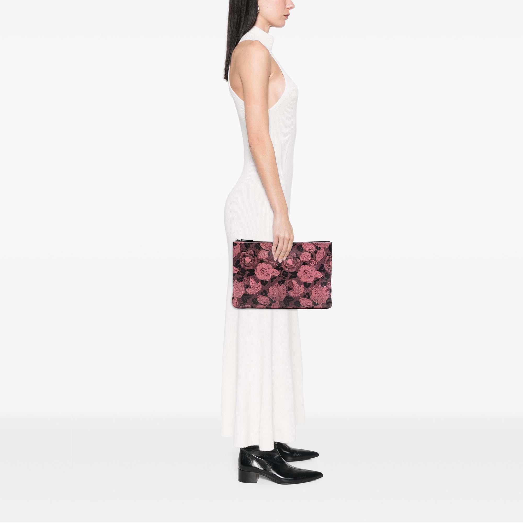 Chanel Large CC Quilted Calfskin Camellia Printed O Case Clutch