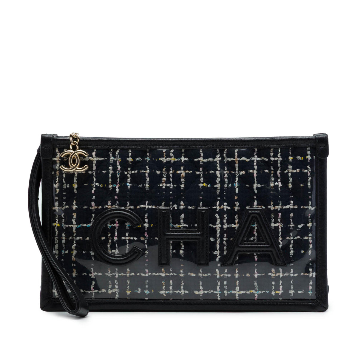 Chanel Large Quilted Tweed PVC Logo Wristlet Clutch