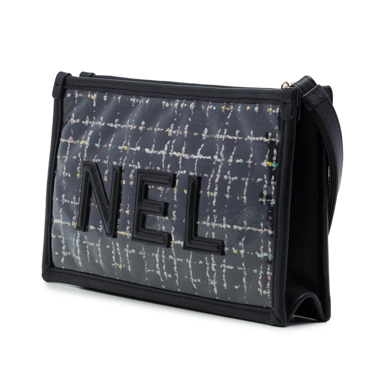 Chanel Large Quilted Tweed PVC Logo Wristlet Clutch