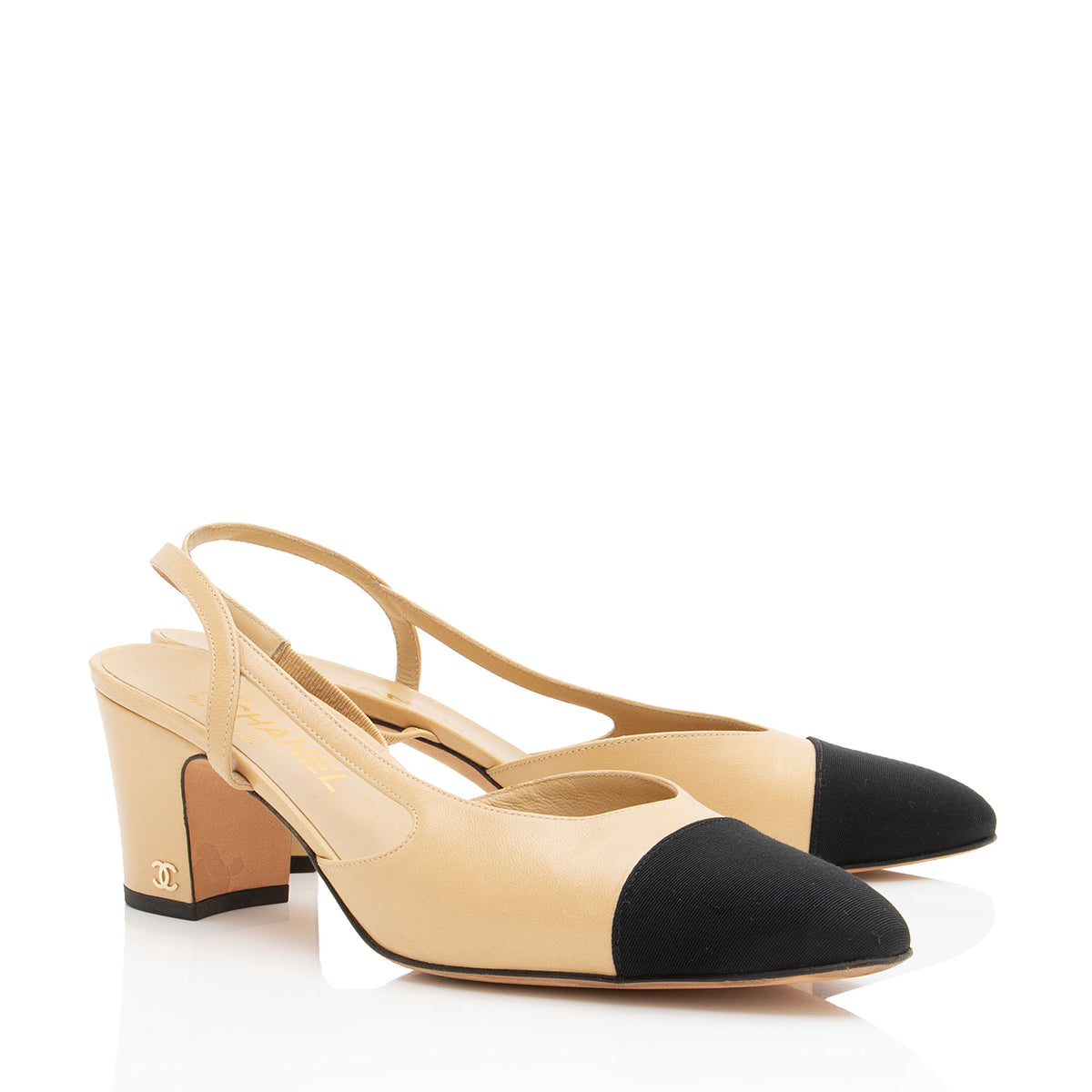 Chanel Leather Grosgrain Cap Toe Slingback Pumps - Size 10 / 40