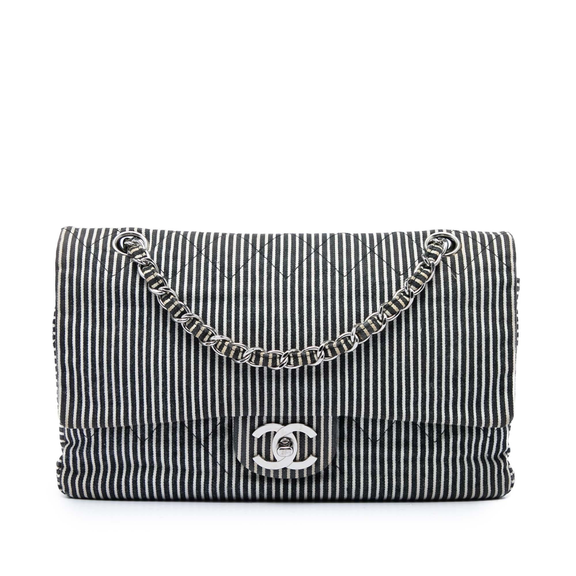 Chanel Medium Classic Canvas Stripes Double Flap
