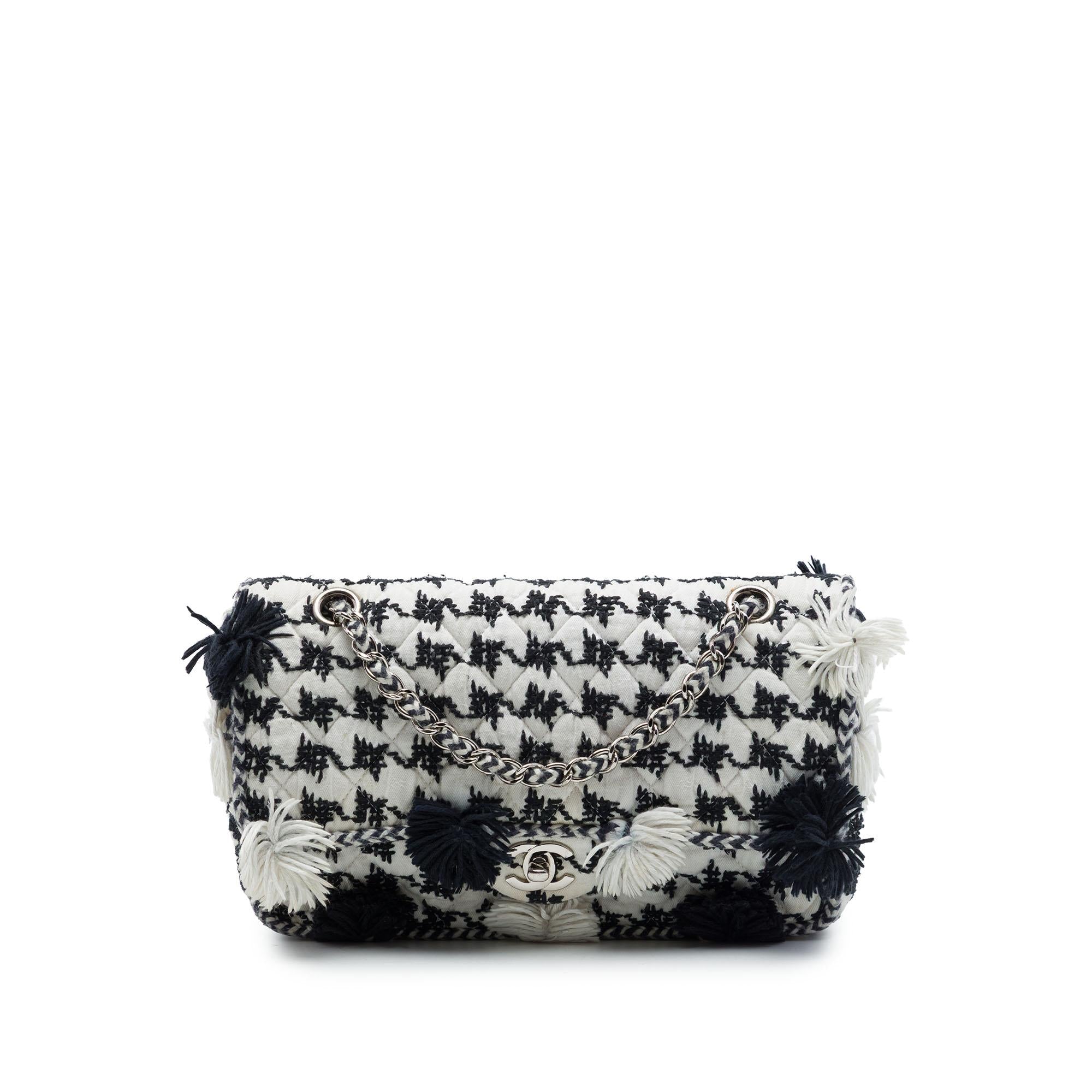 Chanel Medium Classic Embroidered Canvas Houndstooth Pom Pom Flap