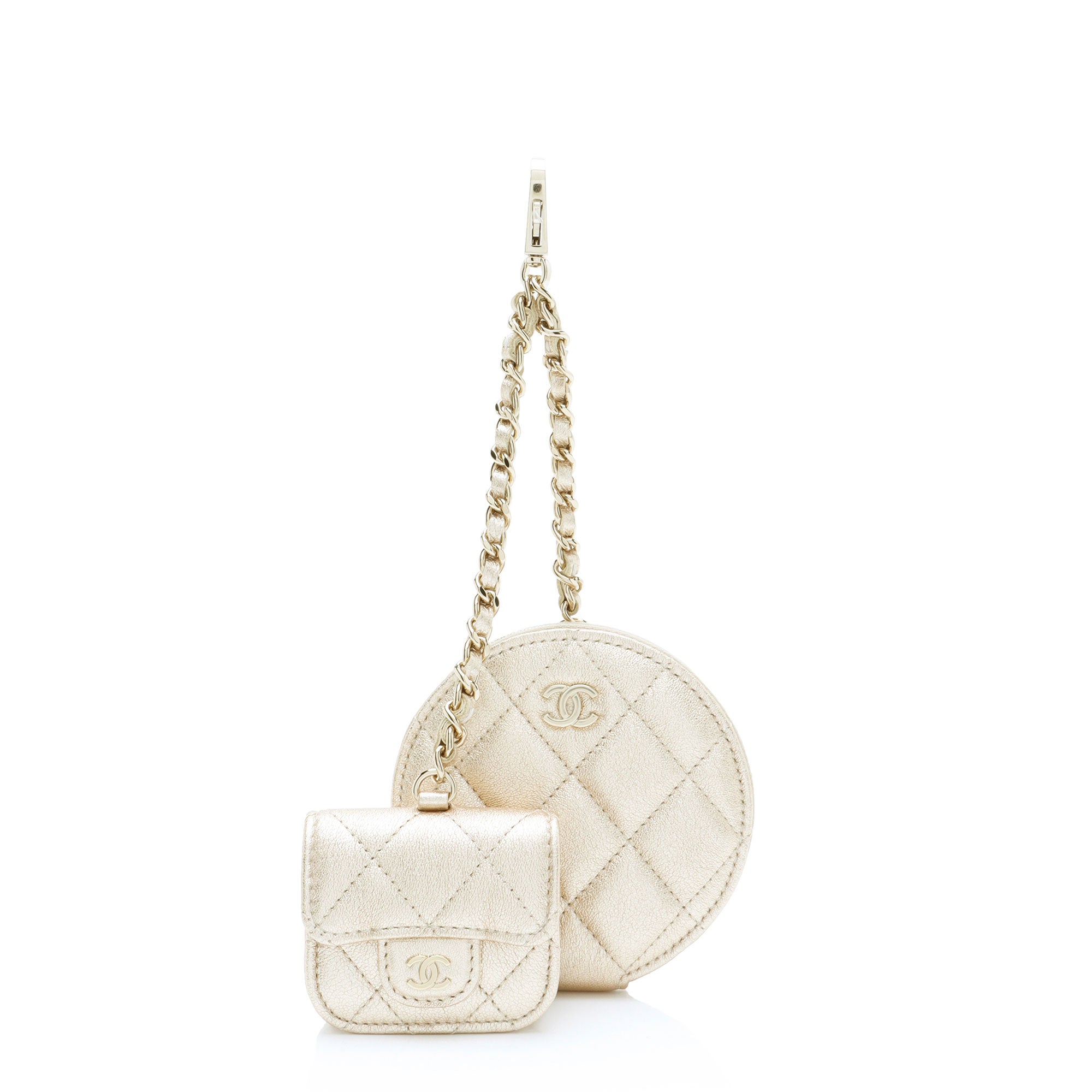 Chanel Metallic Lambskin Round Clip On Coin Purse Airpods Case