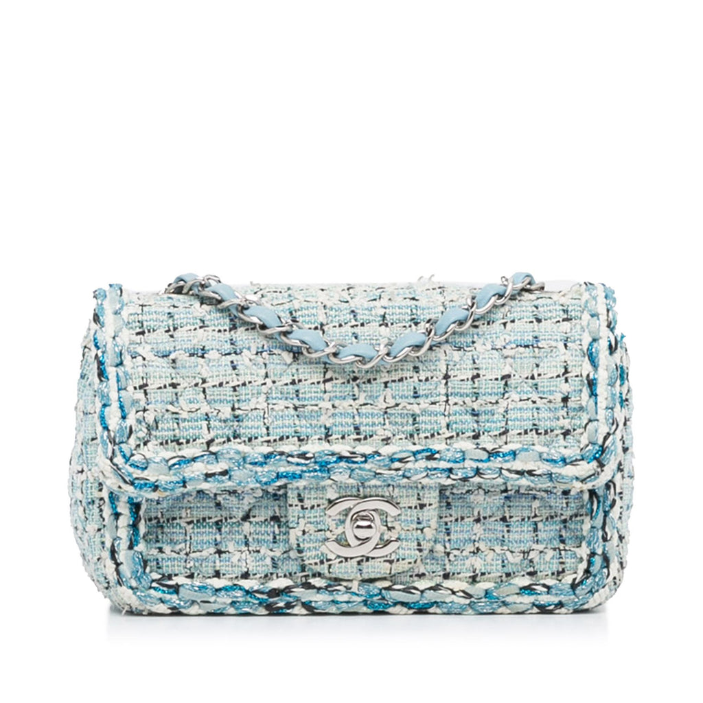 Chanel Classic Single Flap Bag Braided Quilted Tweed Mini Blue 4360401