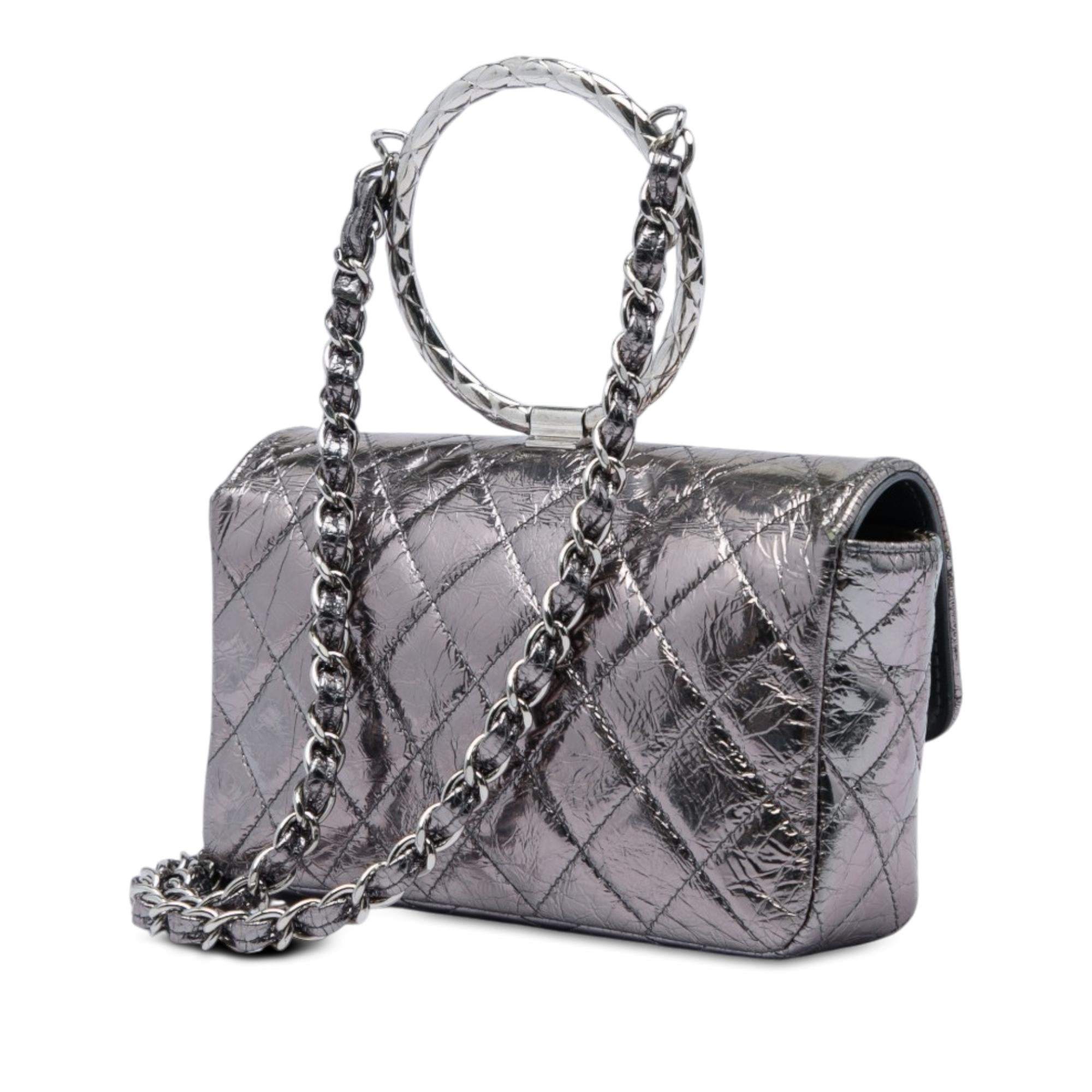 Chanel Mini Quilted Metallic Crumpled Calfskin Ring Top Handle Flap