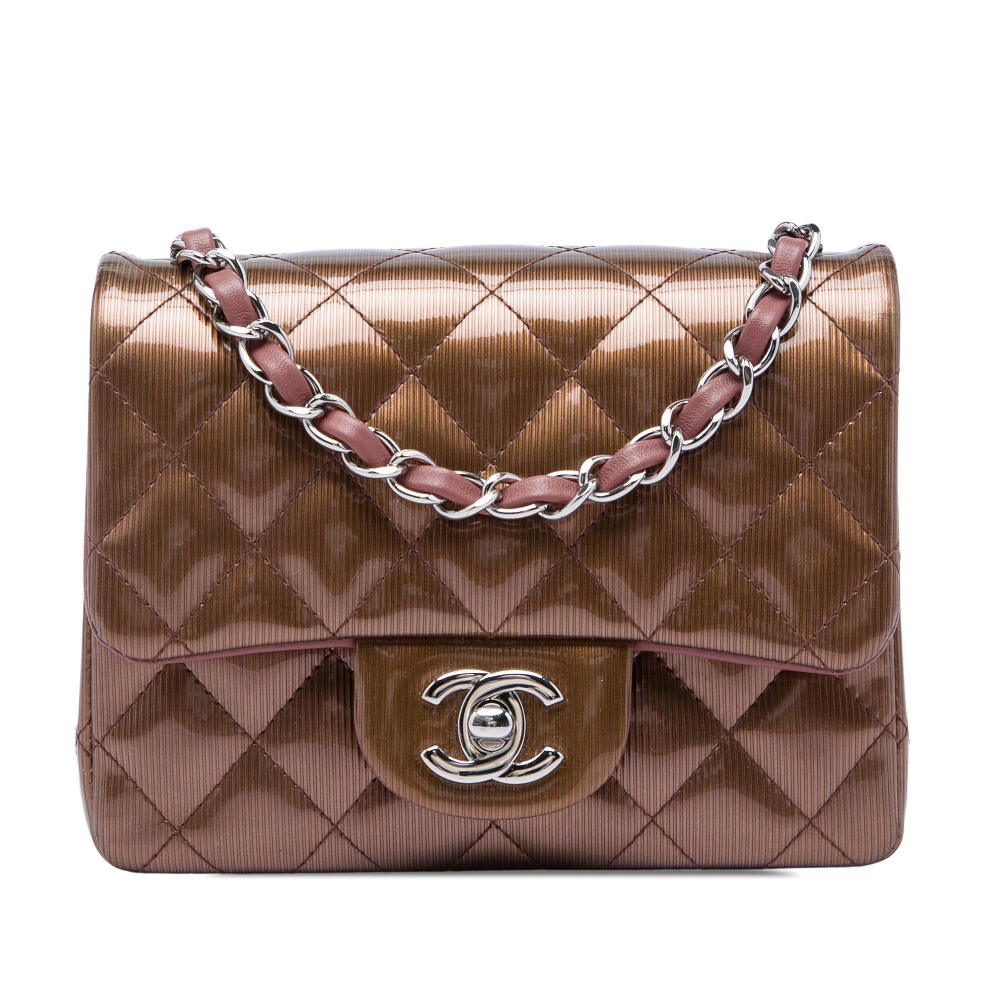 Chanel Mini Square Classic Metallic Striped Patent Single Flap