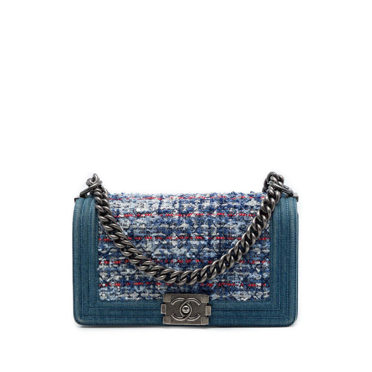 Chanel Old Medium Quilted Denim and Tweed Boy Flap