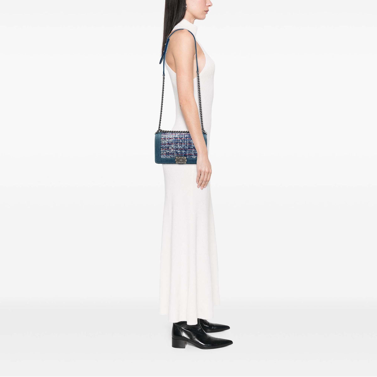 Chanel Old Medium Quilted Denim and Tweed Boy Flap