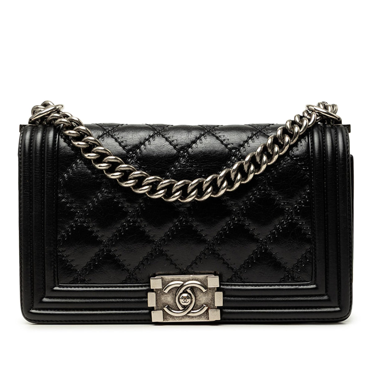 Chanel Old Medium Quilted Lambskin Double Stitch Boy Flap