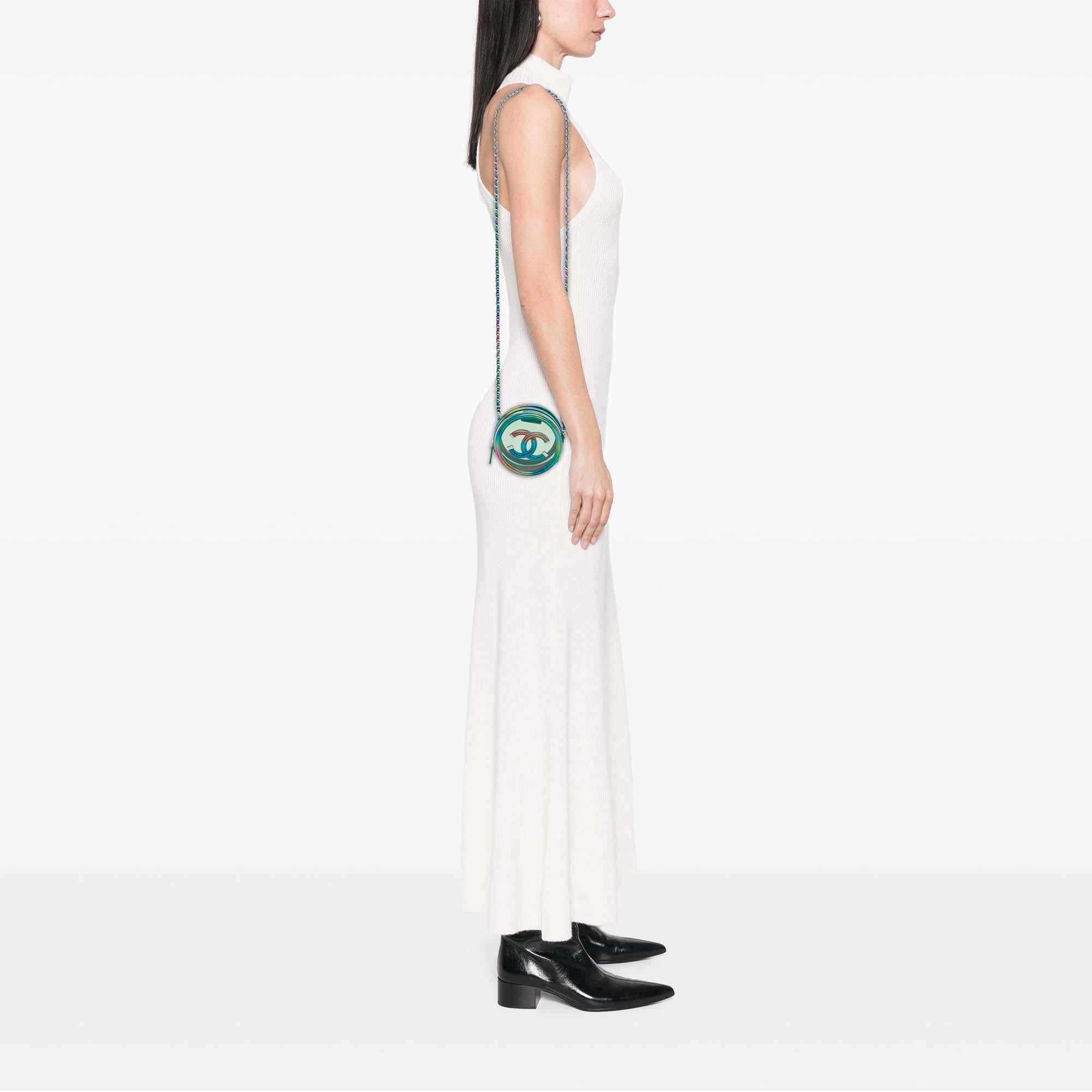 Chanel PVC and Metallic Lambskin CC Filigree Round Clutch with Chain