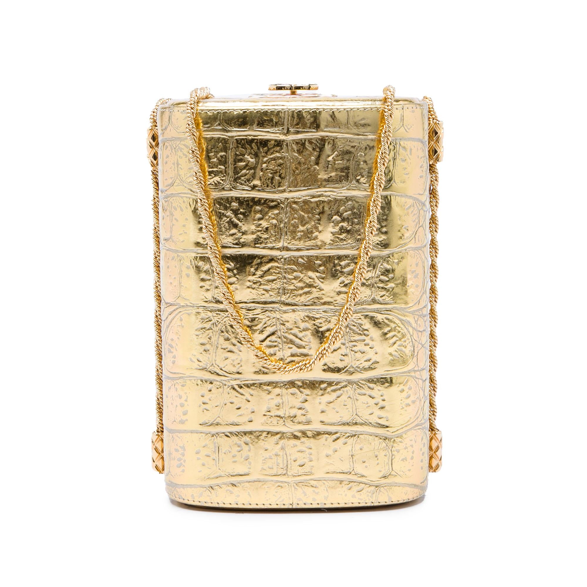 Chanel Paris New York CC Croc Embossed Metallic Calfskin Box Minaudiere Bag